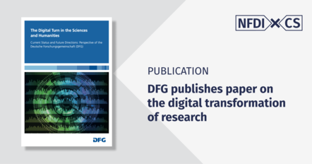 NFDIxCS graphic announcing “DFG publishes paper on the digital transformation of research,” alongside the cover of “The Digital Turn in the Sciences and Humanities” and the NFDIxCS logo.
